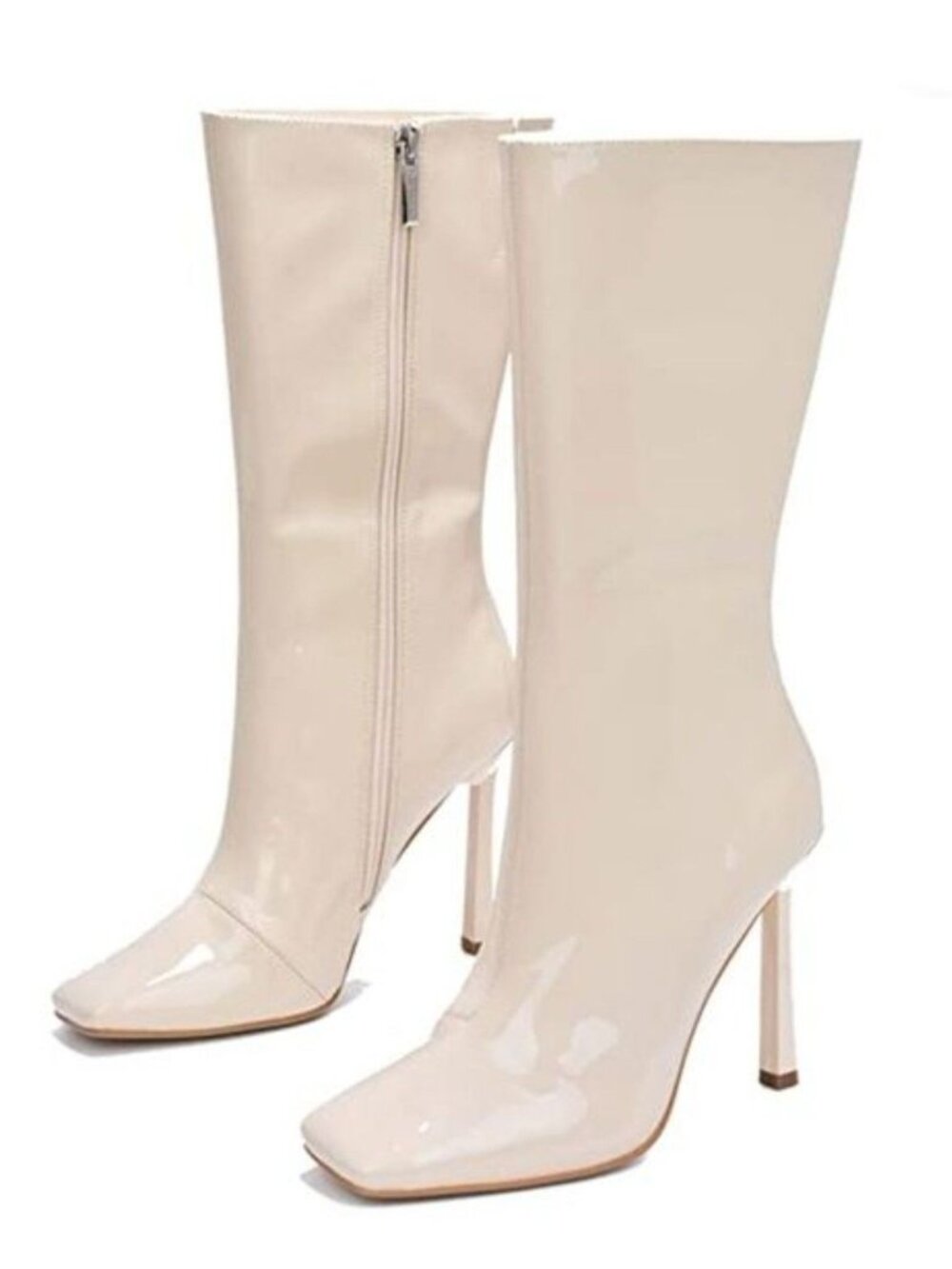 Patent Leather Square Toe Stiletto Heel Mid-Calf Boots In Off White With Side Zi